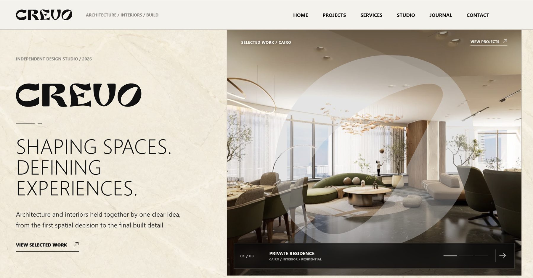 Crevo Studio homepage: the CREVO wordmark and the line Shaping spaces, defining experiences on a marble background, next to a Cairo residence framed by a large translucent O.