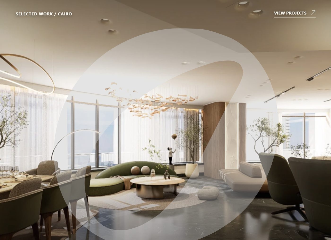 A Cairo living room render with a large translucent O shape laid over the centre of the image.