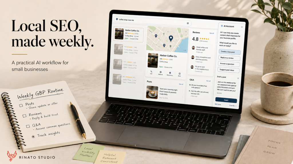 Editorial desk scene showing a local SEO workflow with a laptop, map listing, review notes, and AI assistant prompts for a small business.